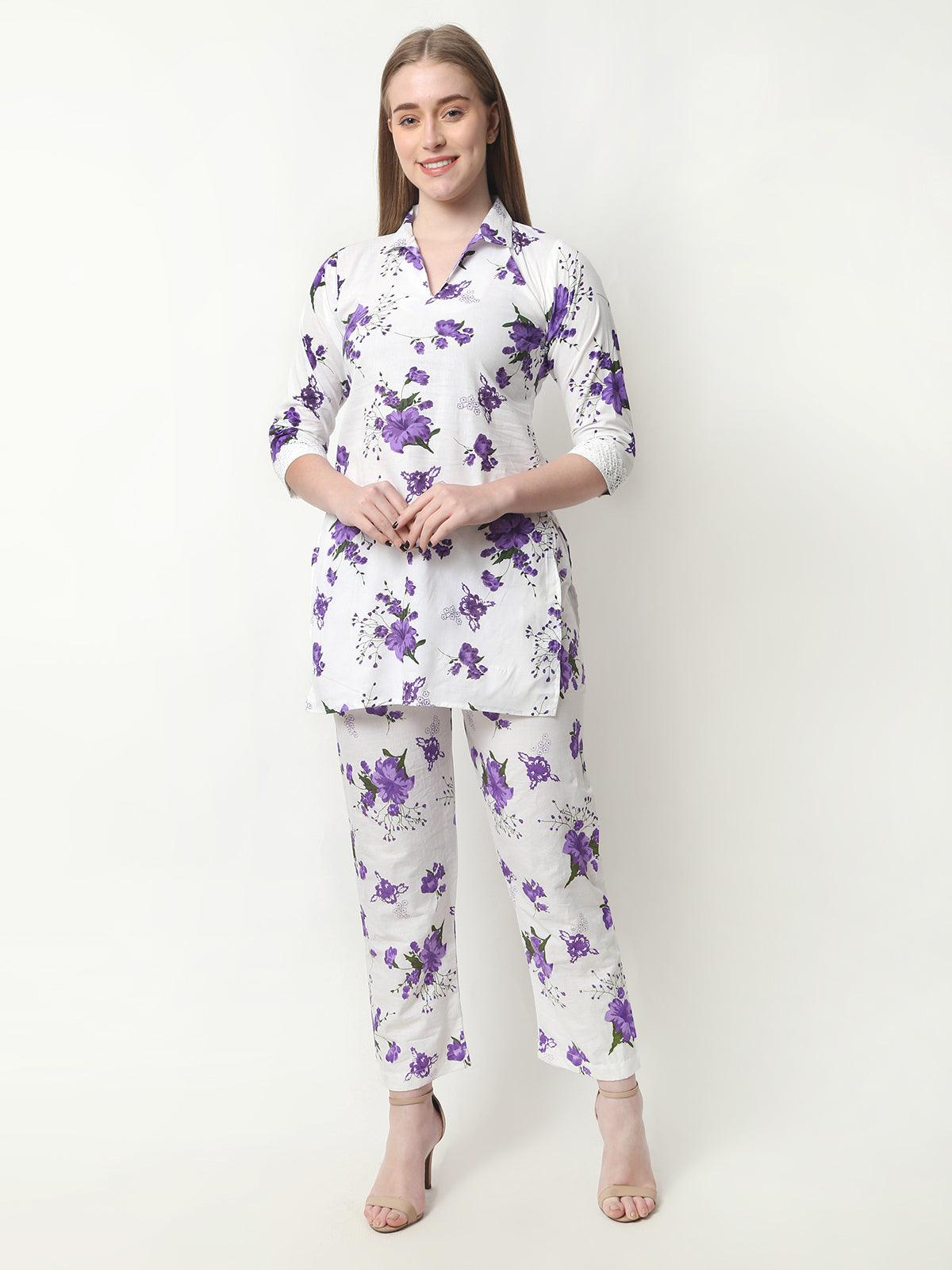 Women Floral Print Cotton Purple Cord Set