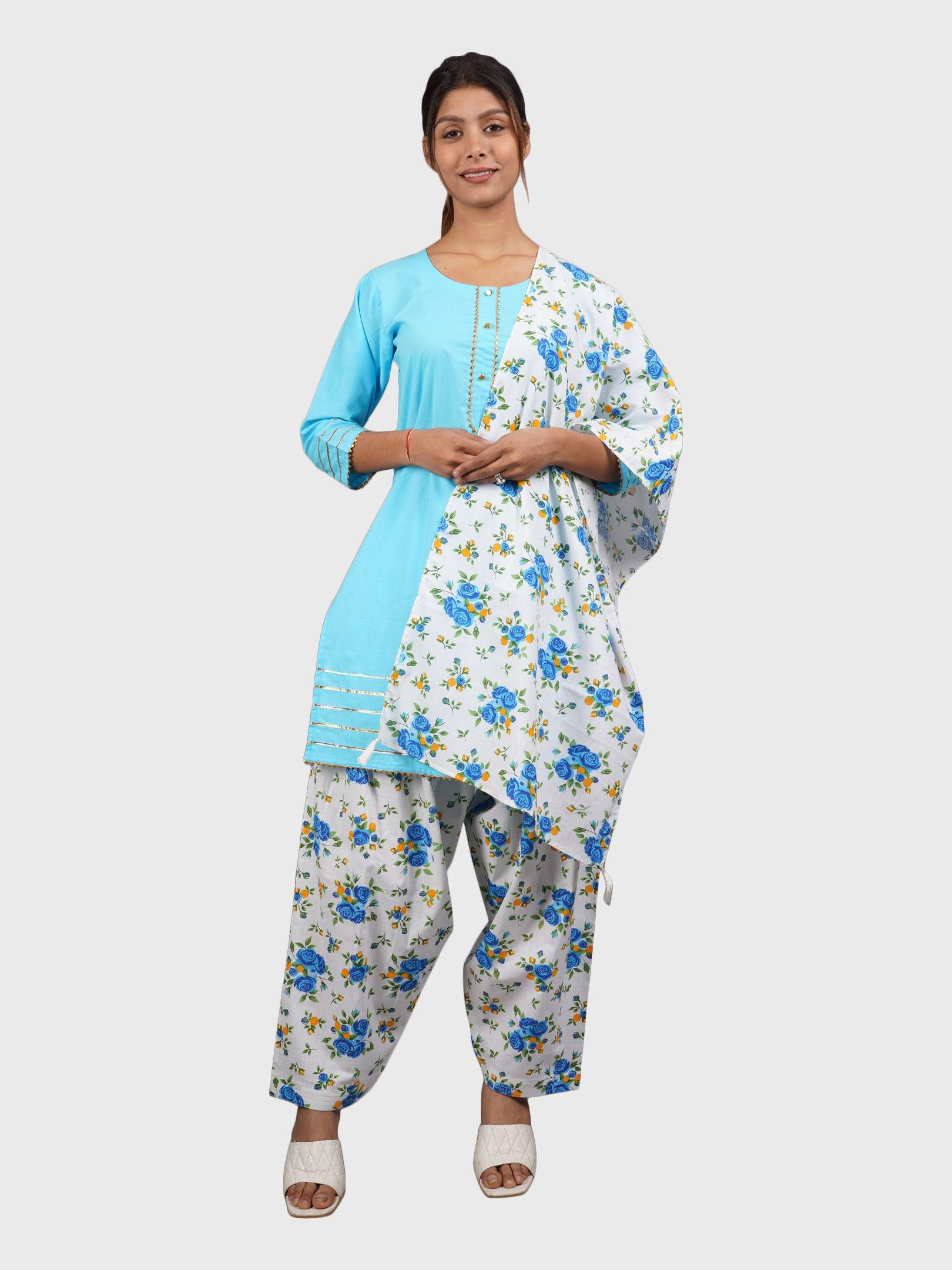 Women Plain Sky Blue Kurta with Printed Salwar and Dupatta XXXL