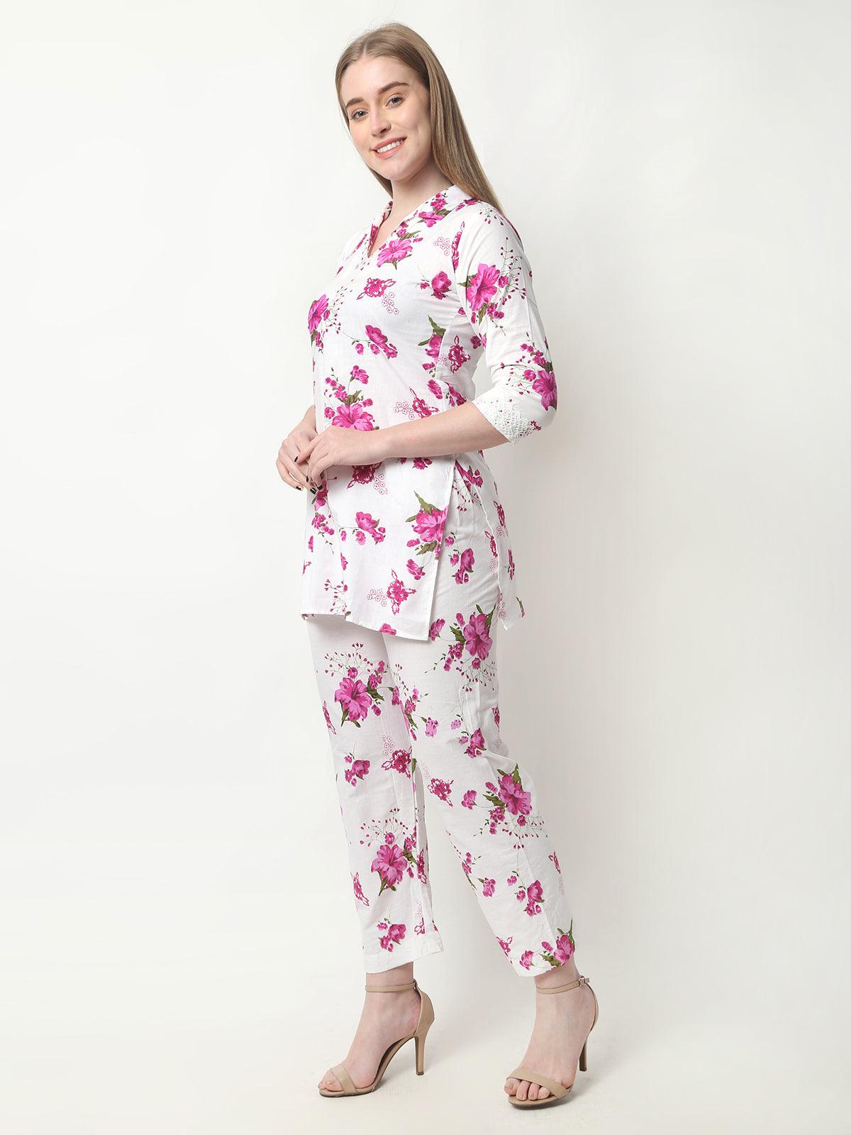 Trendzmy Women Chikan Embroidery Cotton Blend Kurti Set Ethnic Dress Cord Set Printed Pink Color