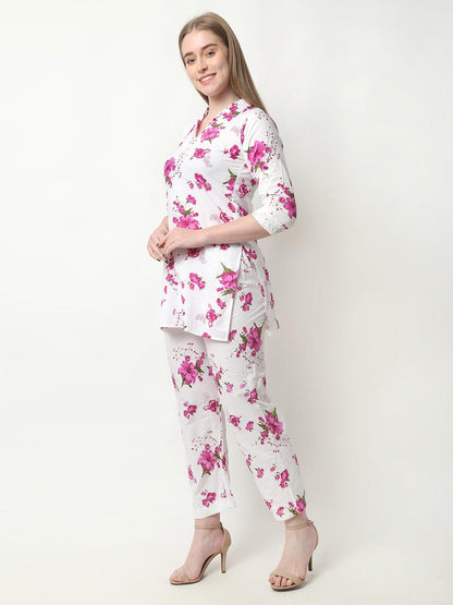 Trendzmy Women Chikan Embroidery Cotton Blend Kurti Set Ethnic Dress Cord Set Printed Pink Color