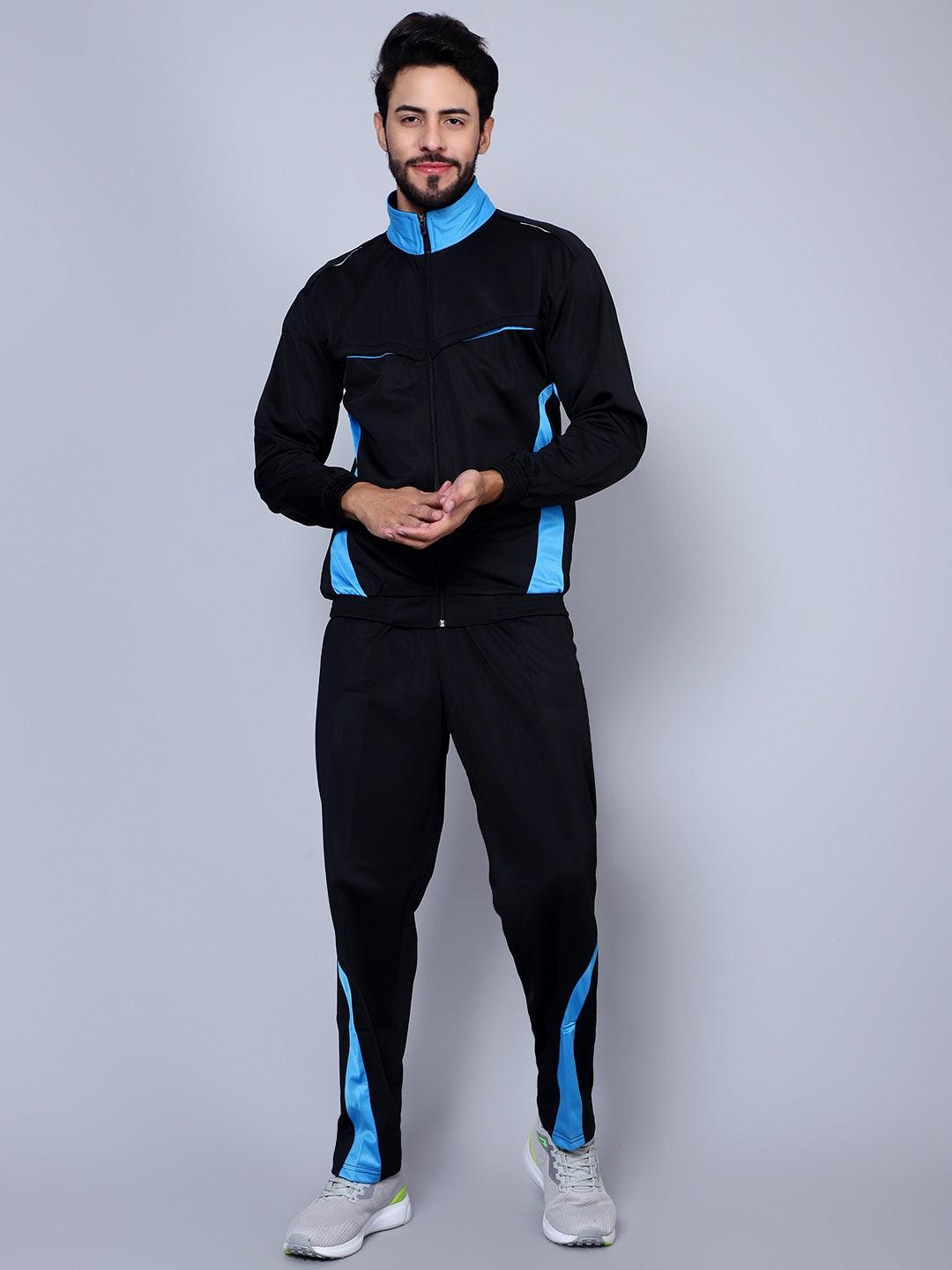 Shiv Naresh Men Color blocked Black and Sky Blue Racer suit Tracksuit