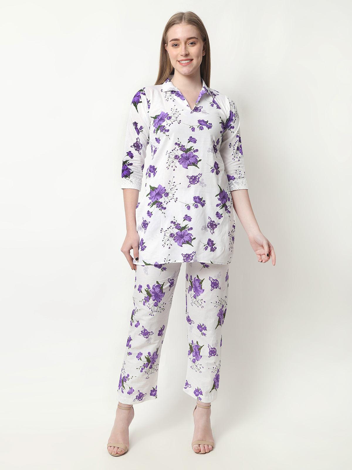 Women Floral Print Cotton Purple Cord Set XXXL