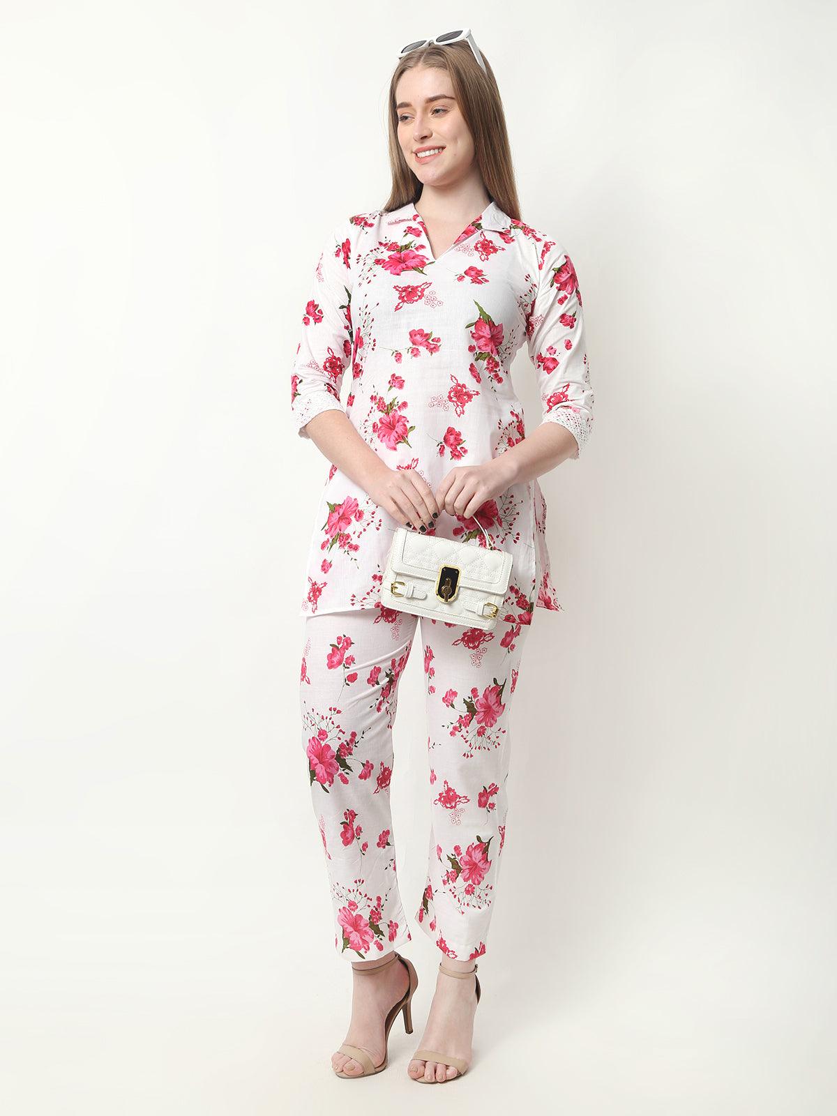 Women Floral Print Cotton Red Cord Set