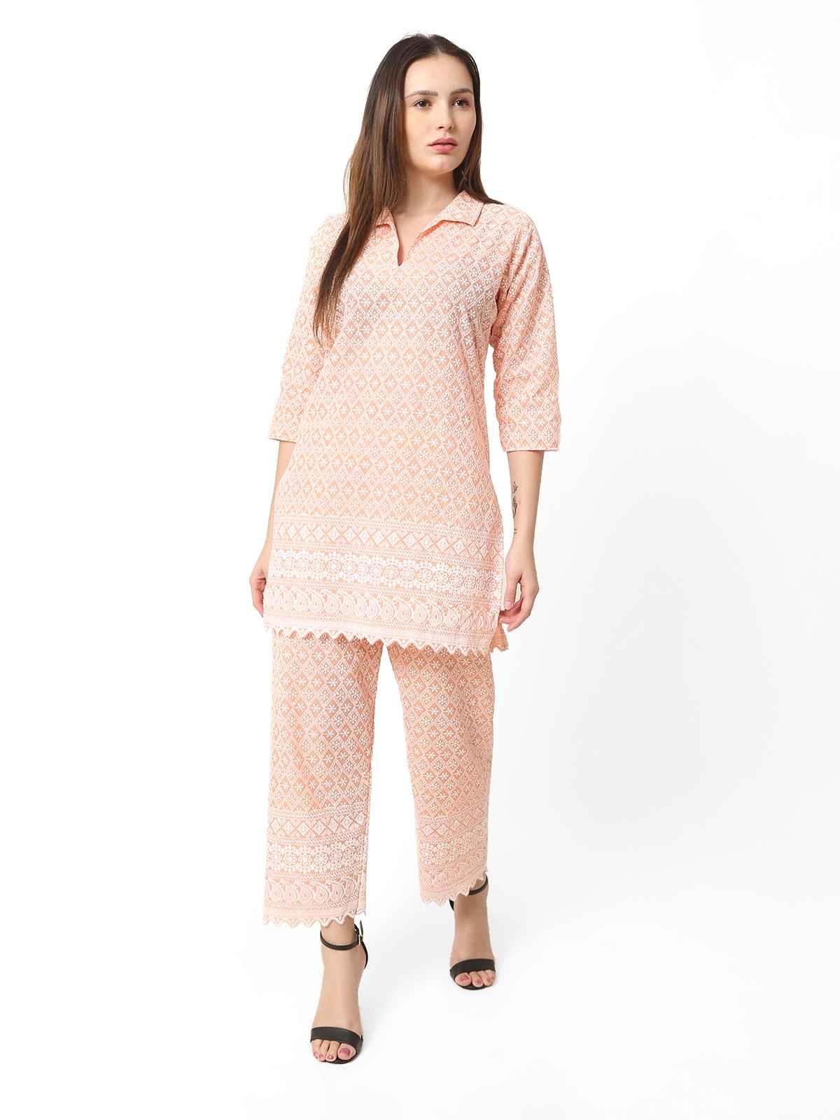 Women Chikan Embroidery Cotton Blend Kurti Set Ethnic Dress Cord Set Peach Color