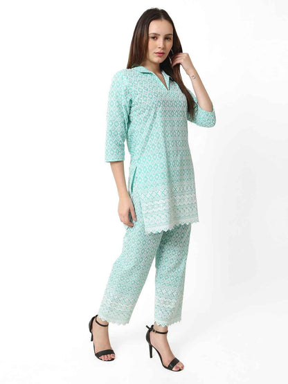 Trendzmy Women Chikan Embroidery Cotton Blend Kurti Set Ethnic Dress Cord Set Aqua Sea Green Color