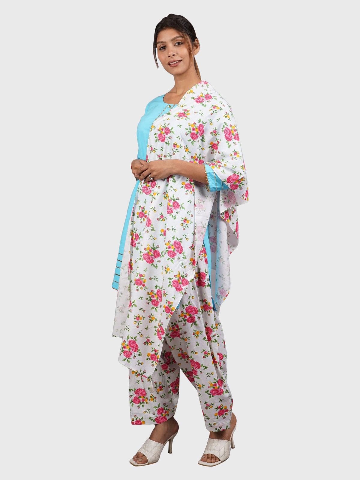 Women Plain Sky Blue Kurta with Printed Pink Salwar and Dupatta XXXL