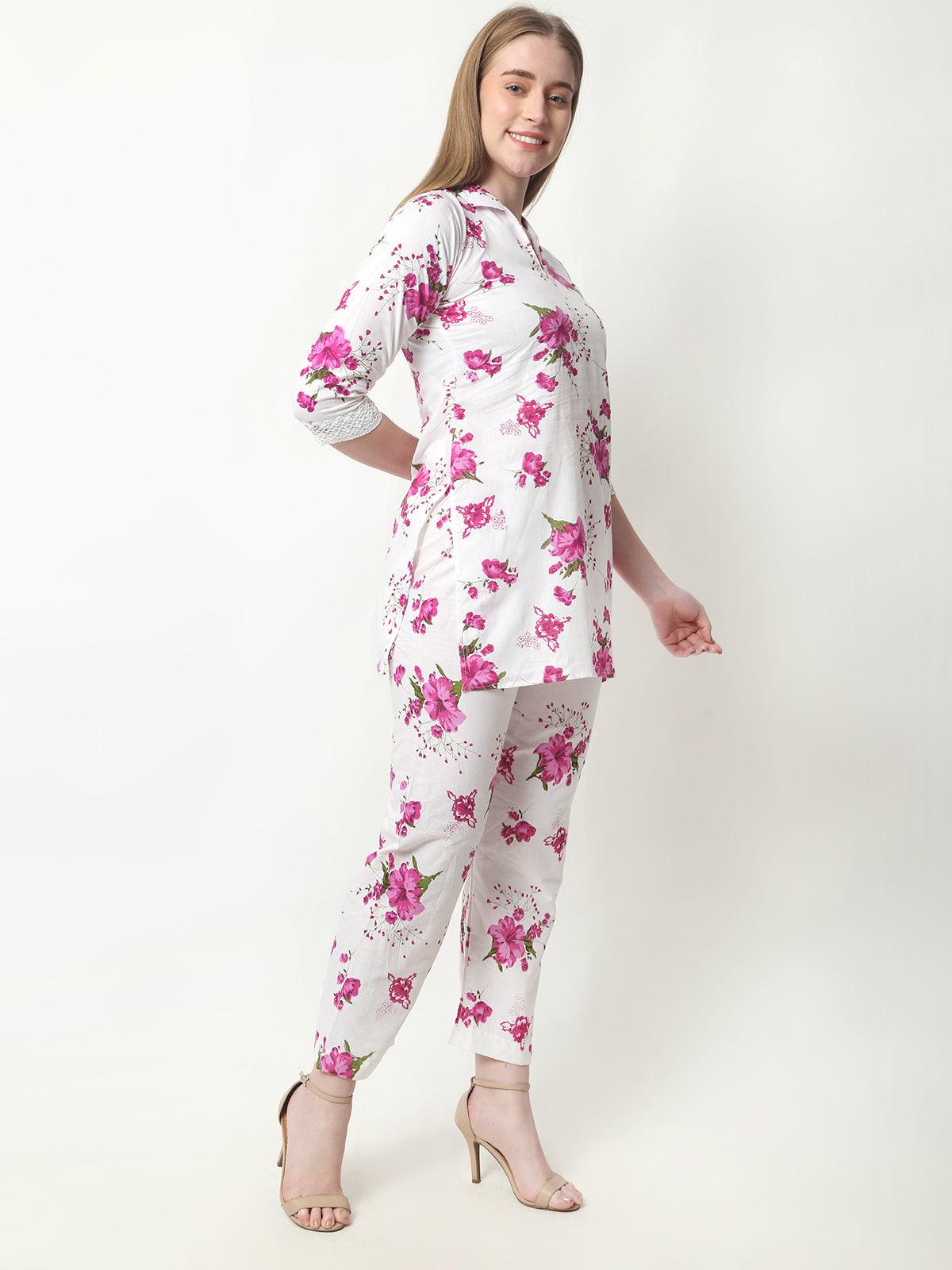 Trendzmy Women Chikan Embroidery Cotton Blend Kurti Set Ethnic Dress Cord Set Printed Pink Color