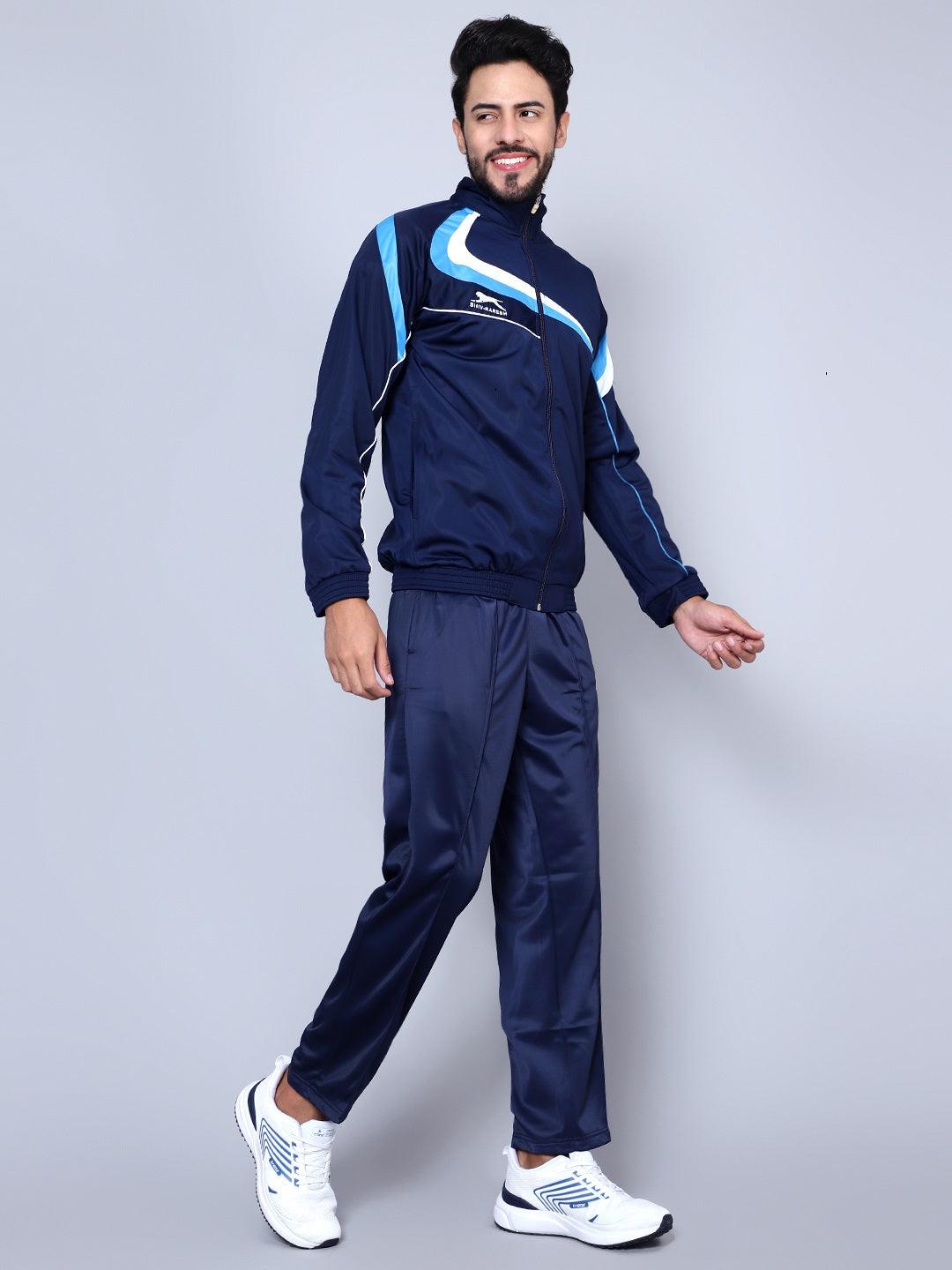 Shiv Naresh Men Navy Blue, Sky Blue and White Striped Detail Tracksuit