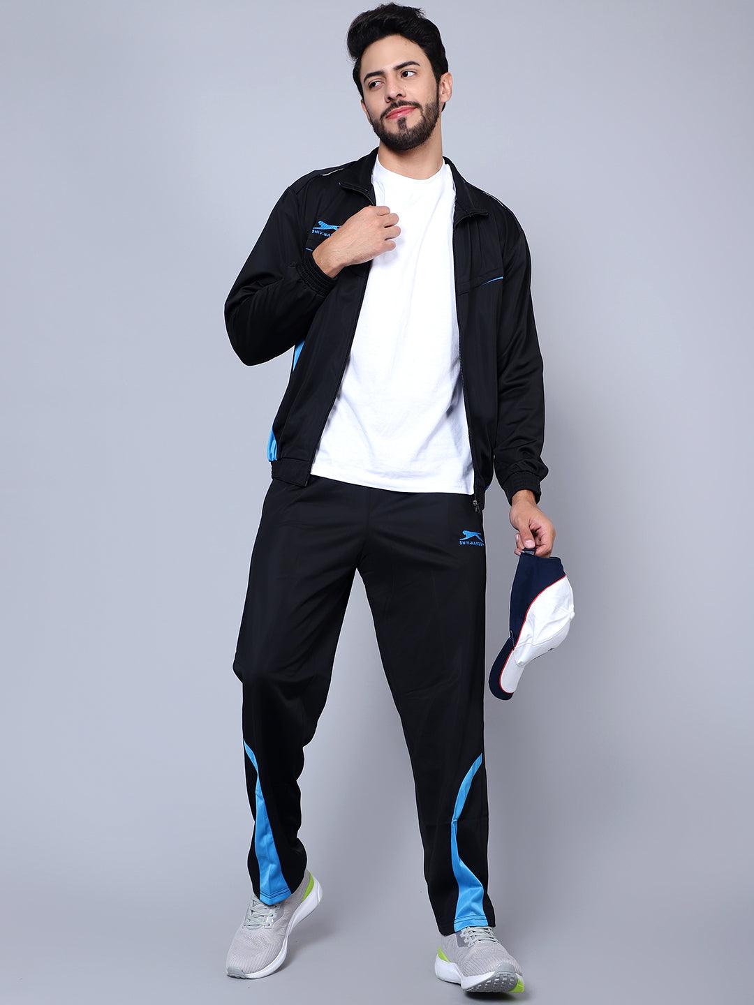 Shiv Naresh Men Color blocked Black and Sky Blue Racer suit Tracksuit