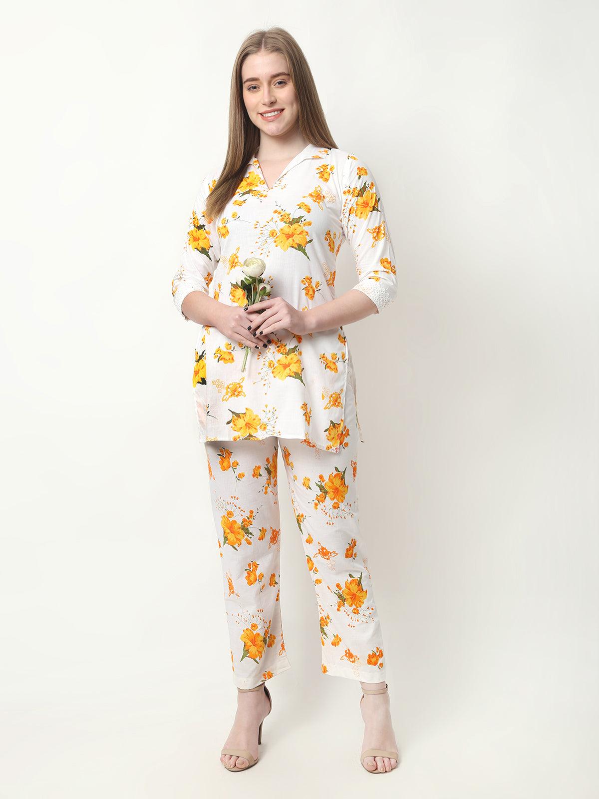 Women Floral Print Cotton Yellow Cord Set