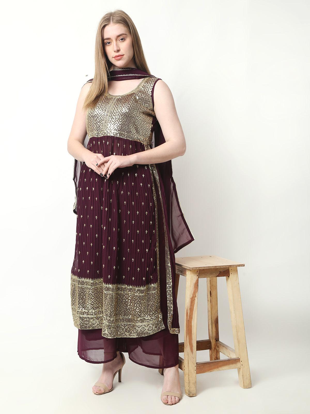 Rayon Embroidery Nyra Cut Kurti With Pants and Dupatta Set For Womens Wine