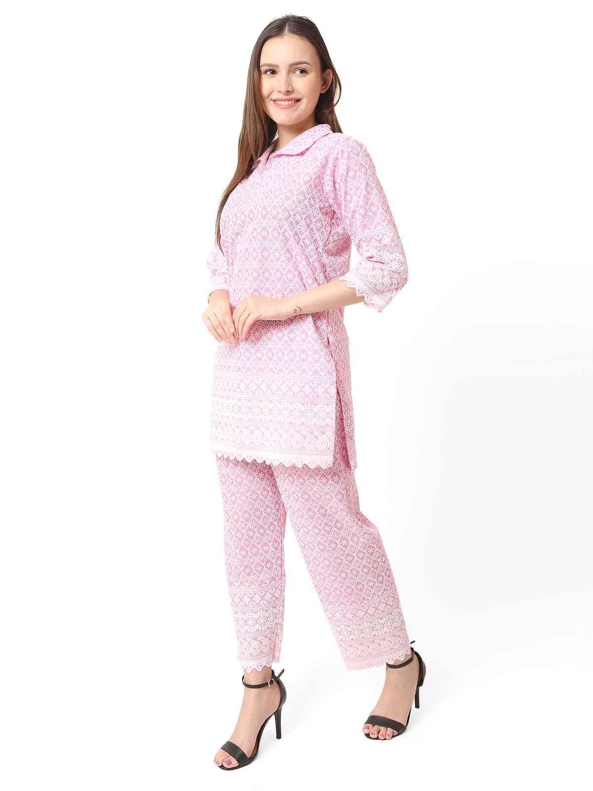 Women Chiken Embroidery Cotton Blend Pink Cord Set