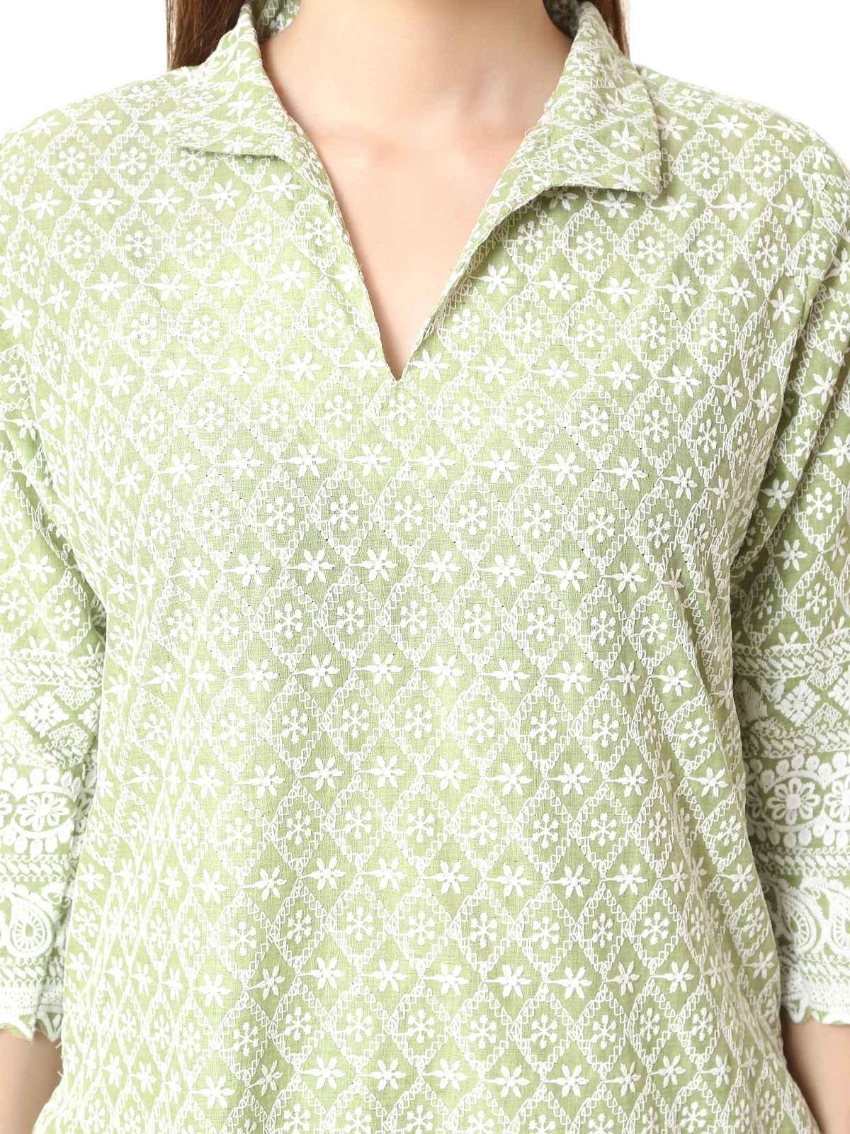 Trendzmy Women Chikan Embroidery Cotton Blend Kurti Set Ethnic Dress Cord Set Green Color