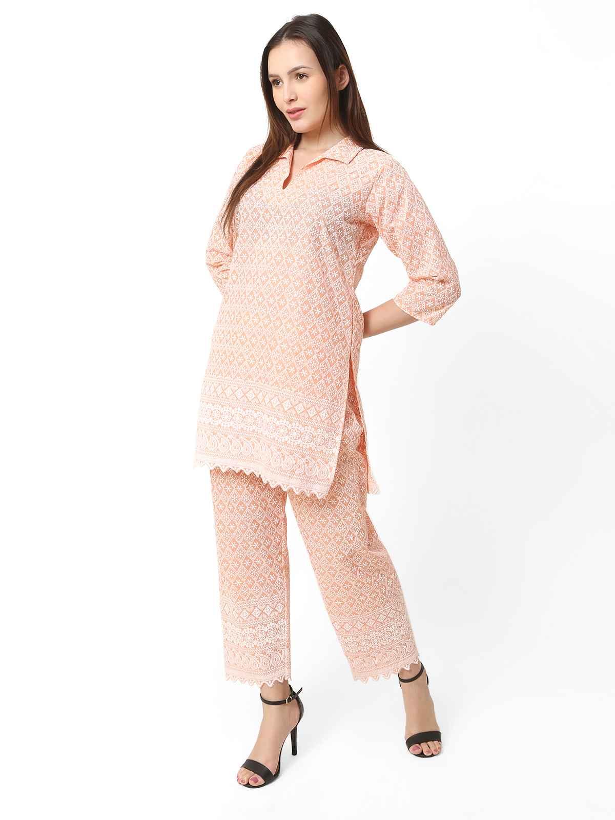Women Chikan Embroidery Cotton Blend Kurti Set Ethnic Dress Cord Set Peach Color