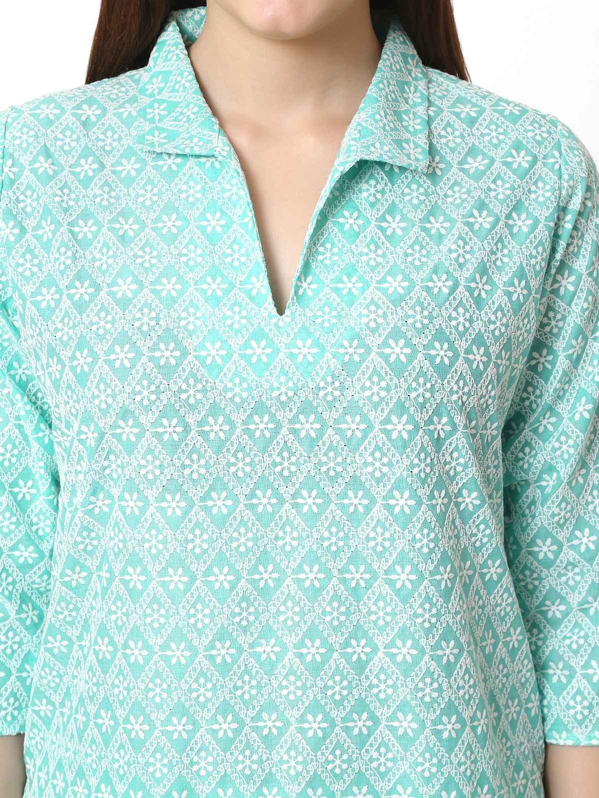 Women Chikan Embroidery Cotton Blend Kurti Set Ethnic Dress Cord Set Aqua Sea Green Color