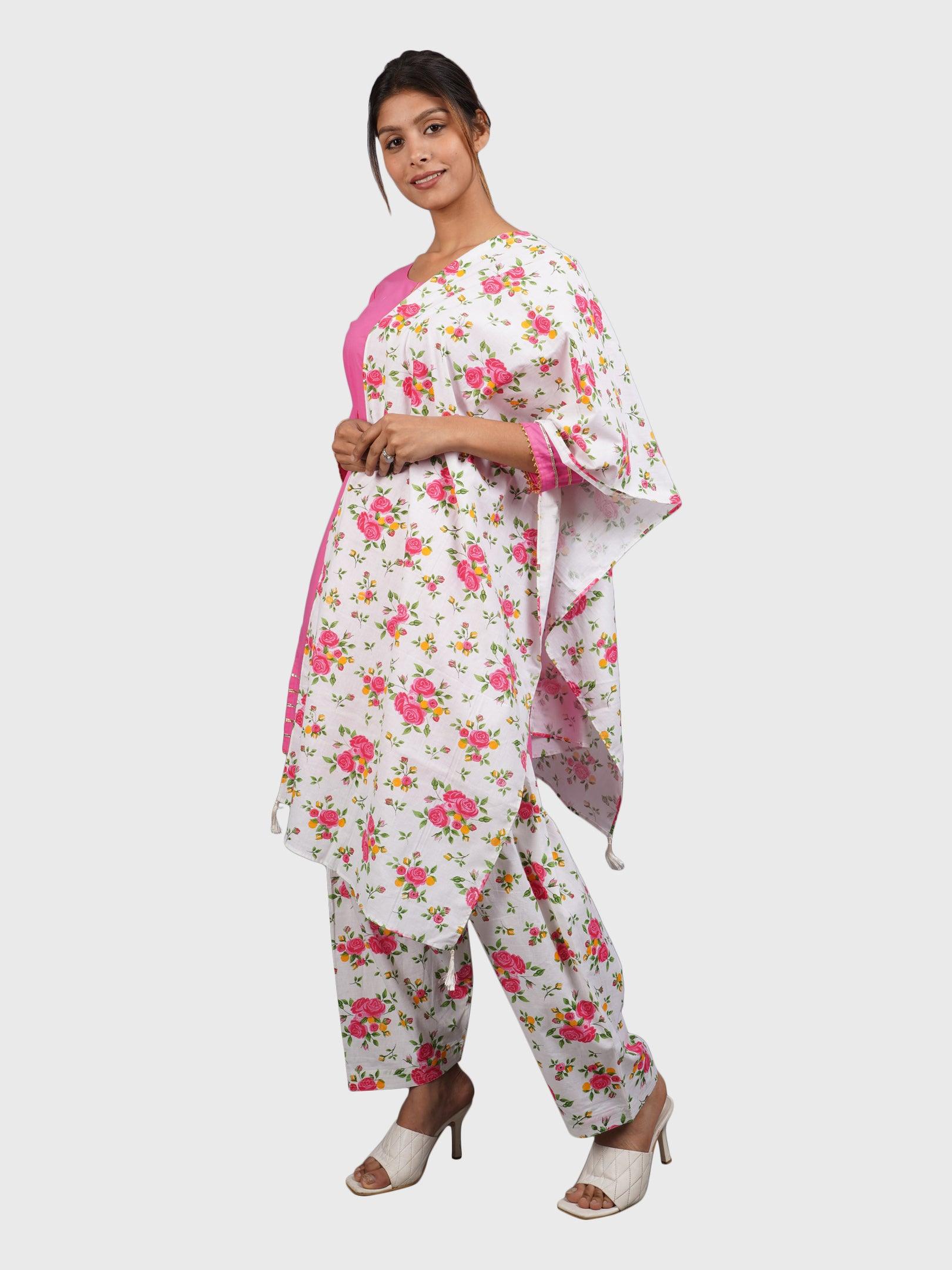 Women Plain Pink Kurta with Printed Salwar and Dupatta XXXL