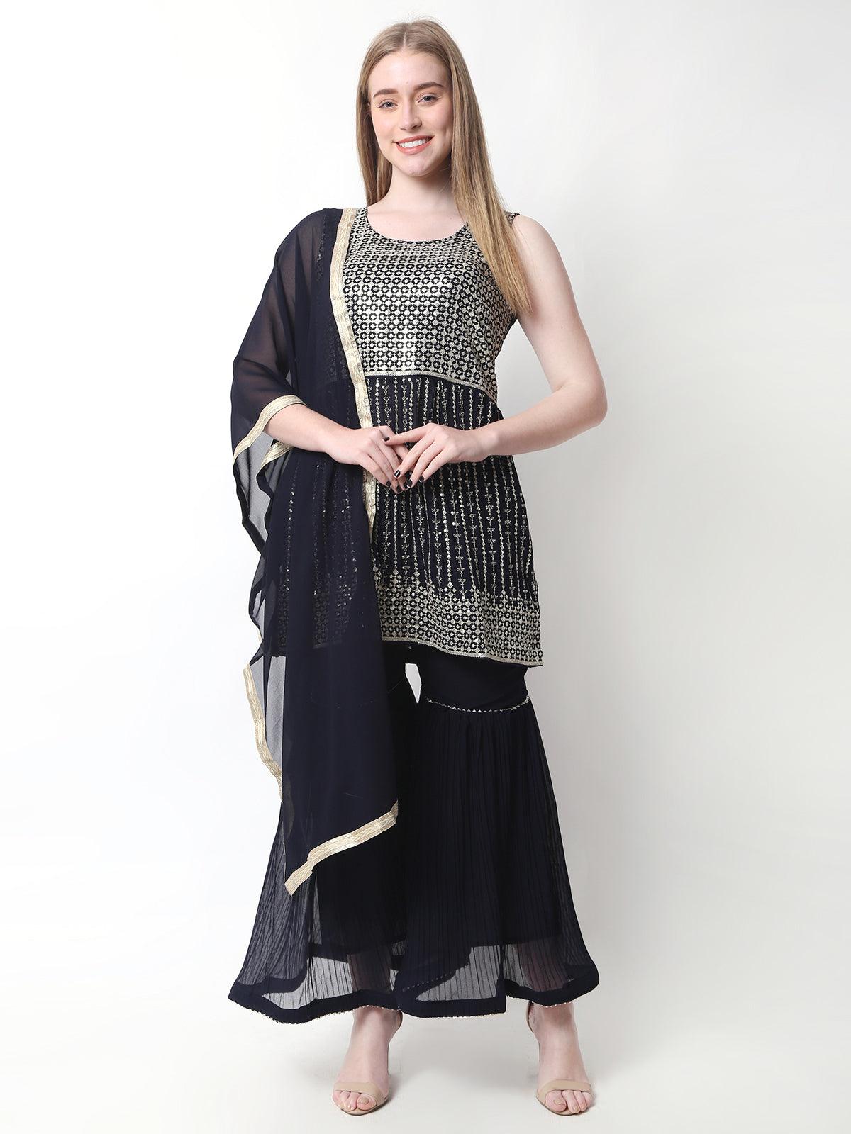 Women's Printed Kurta Sharara Set with Dupatta for Women Navy Color Default Title