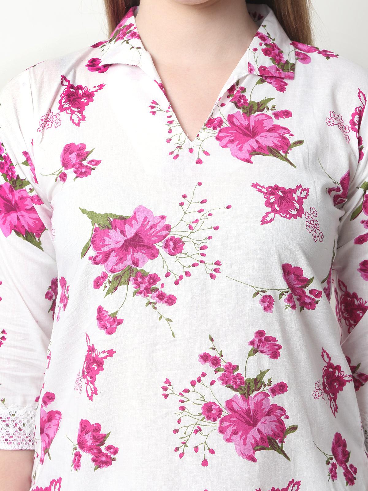 Trendzmy Women Chikan Embroidery Cotton Blend Kurti Set Ethnic Dress Cord Set Printed Pink Color