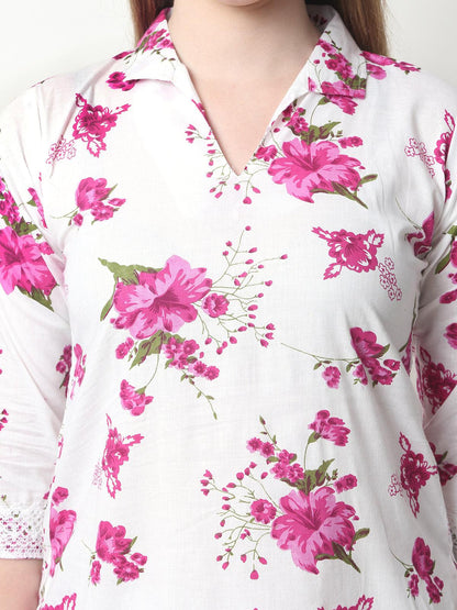 Trendzmy Women Chikan Embroidery Cotton Blend Kurti Set Ethnic Dress Cord Set Printed Pink Color