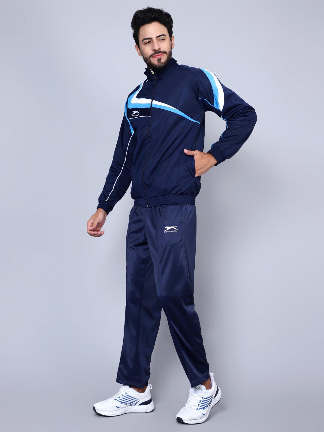Shiv Naresh Men Navy Blue, Sky Blue and White Striped Detail Tracksuit