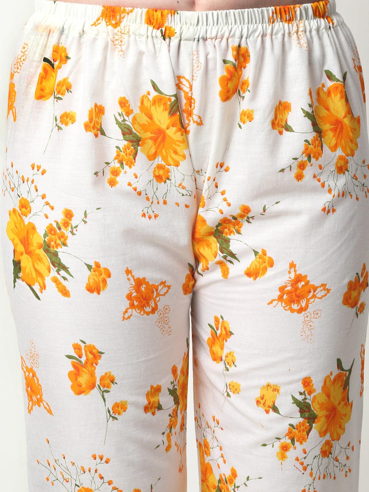Women Floral Print Cotton Yellow Cord Set