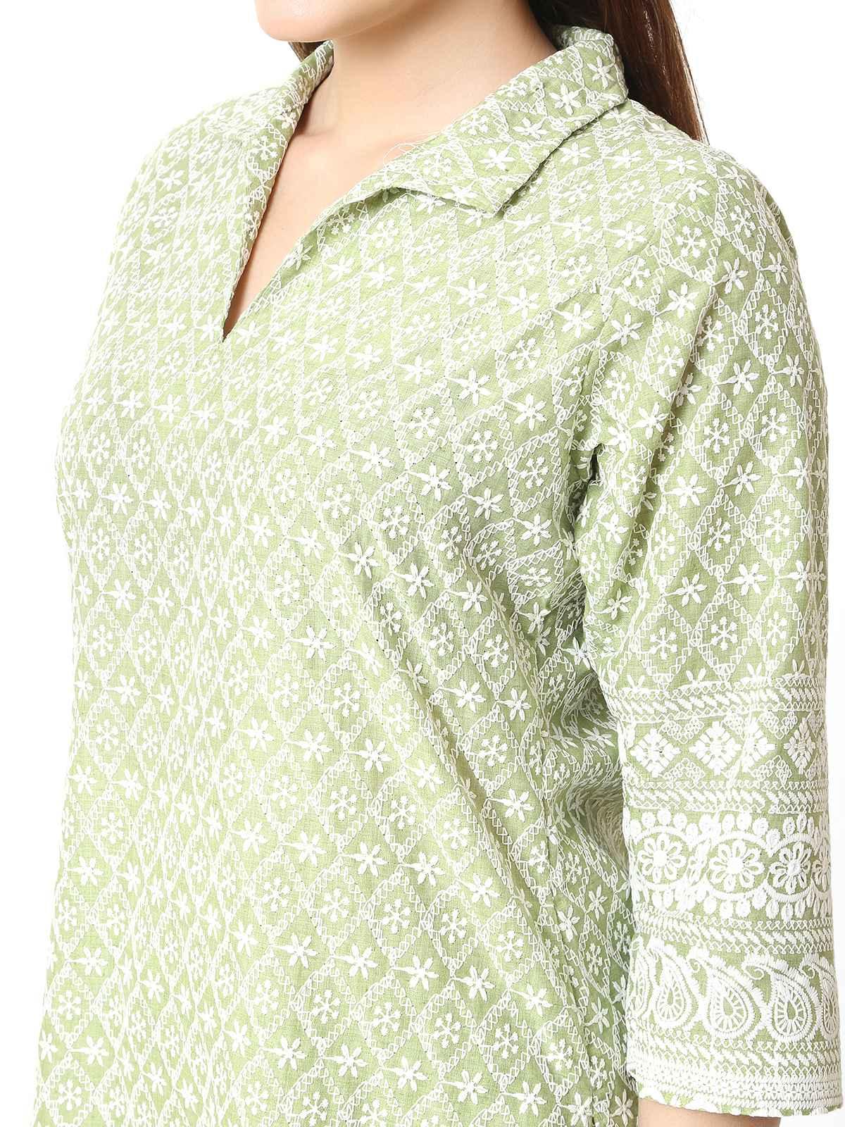 Trendzmy Women Chikan Embroidery Cotton Blend Kurti Set Ethnic Dress Cord Set Green Color