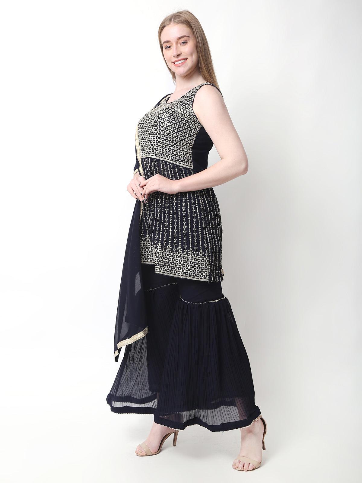 Women's Printed Kurta Sharara Set with Dupatta for Women Navy Color