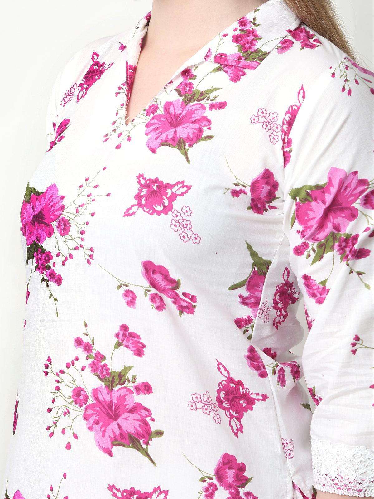 Trendzmy Women Chikan Embroidery Cotton Blend Kurti Set Ethnic Dress Cord Set Printed Pink Color