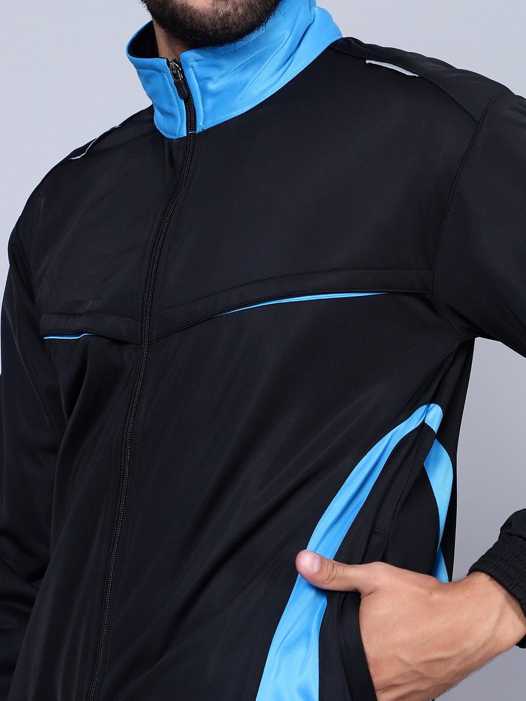 Shiv Naresh Men Color blocked Black and Sky Blue Racer suit Tracksuit