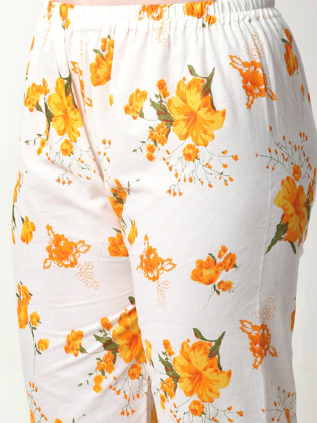 Women Floral Print Cotton Yellow Cord Set