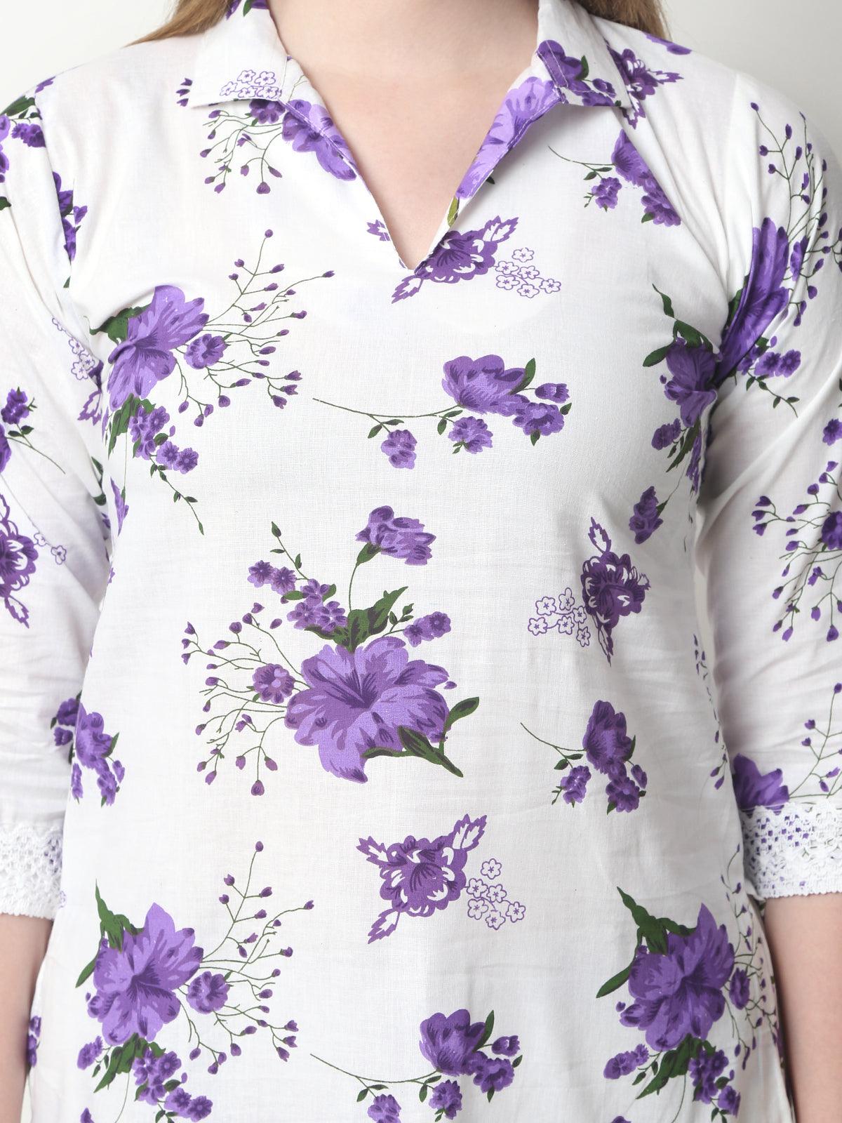 Women Floral Print Cotton Purple Cord Set