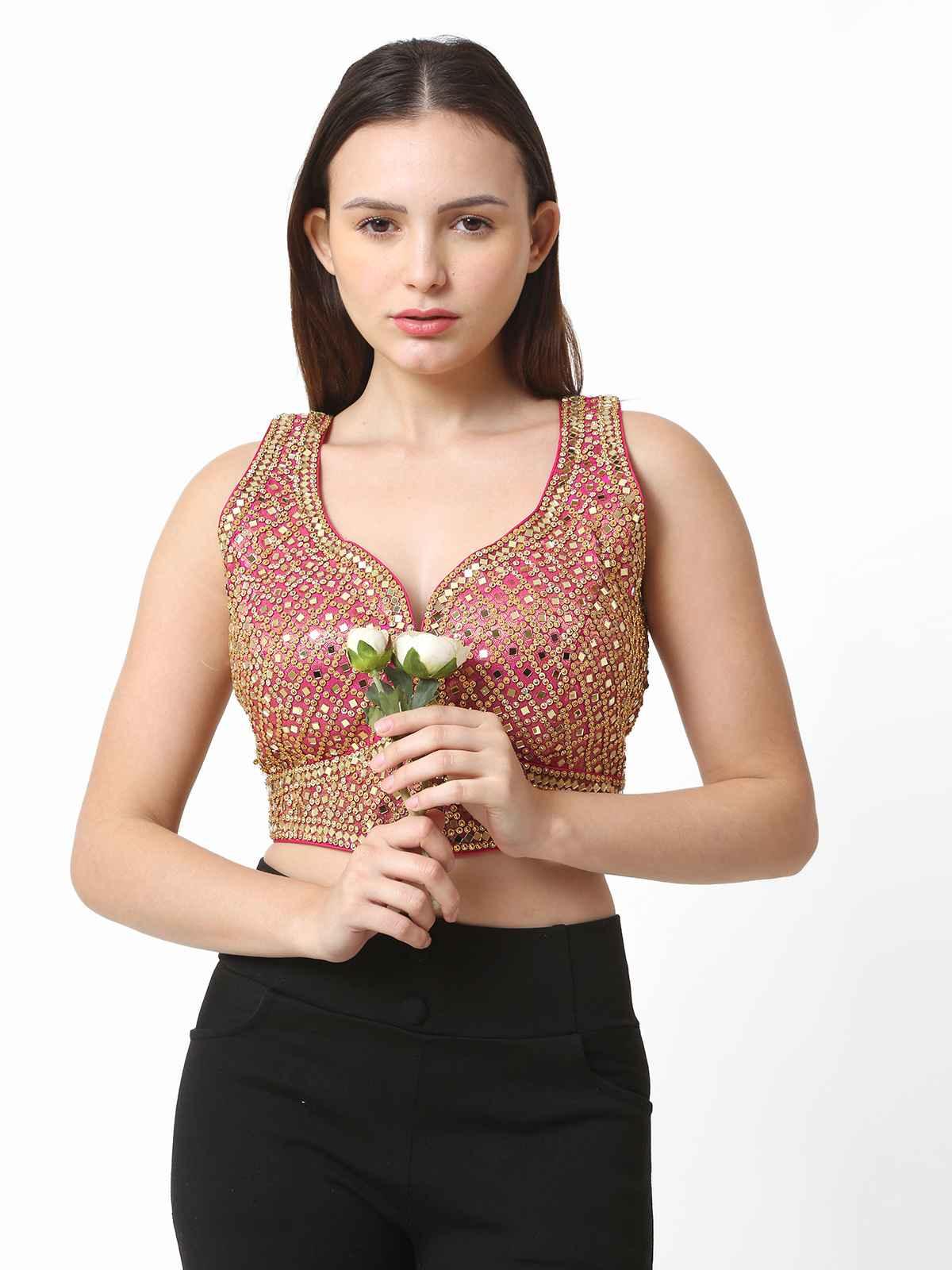 Women Rani Pink Heavy Mirror Work Readymade Blouse