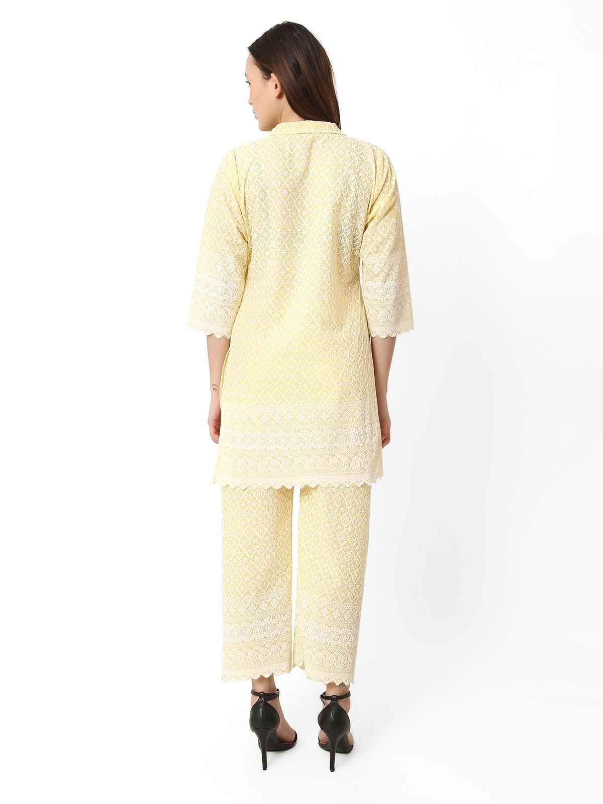 Women Chiken Embroidery Cotton Blend Yellow Cord Set