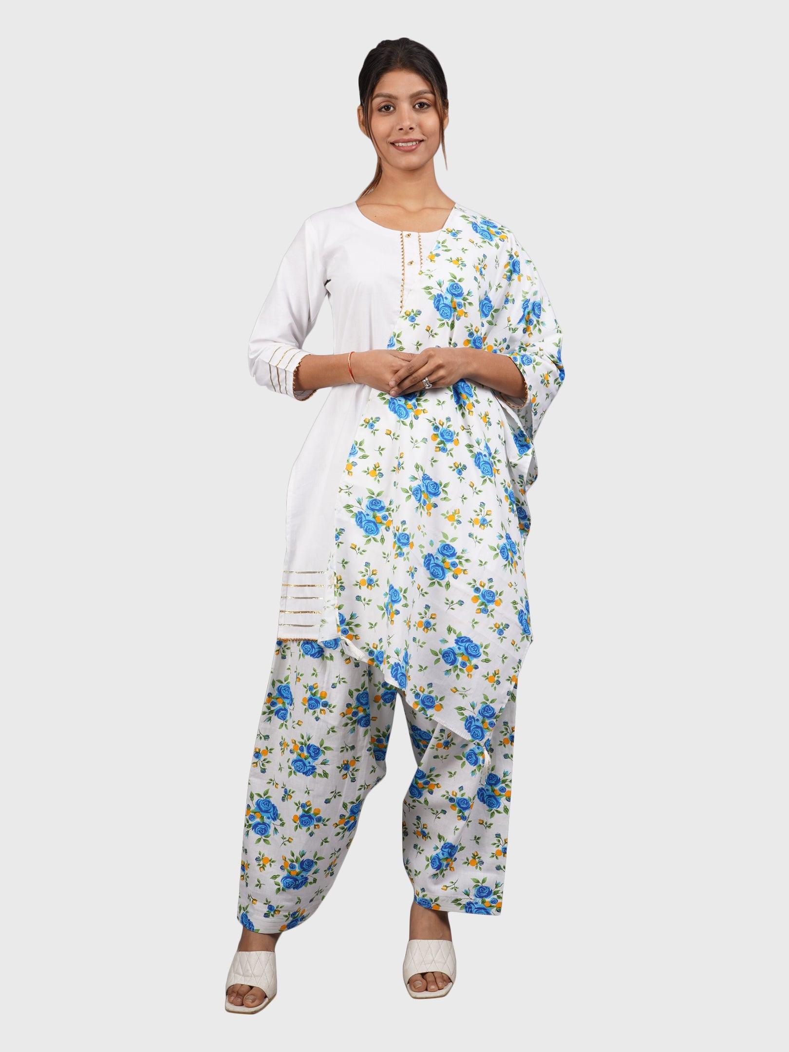 Women Plain White Kurta with Printed Sky Salwar and Dupatta XXXL