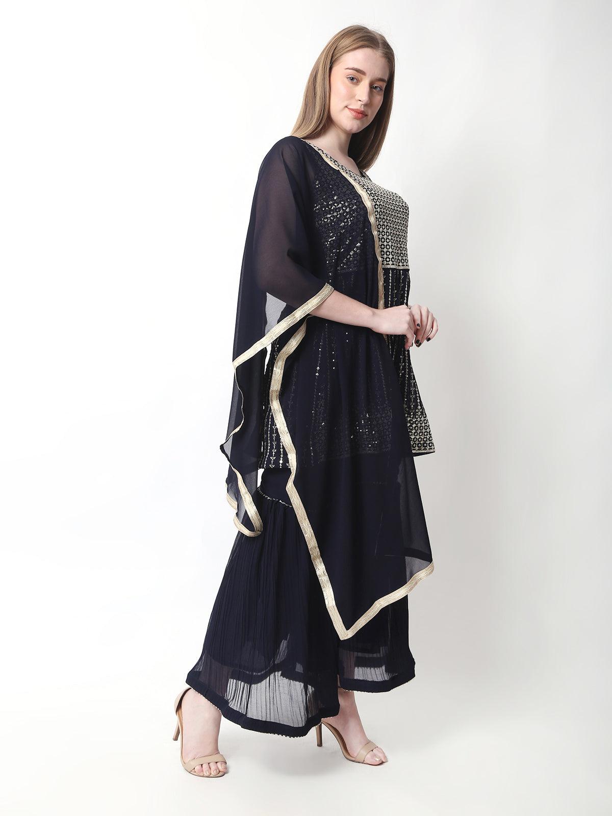 Women's Printed Kurta Sharara Set with Dupatta for Women Navy Color