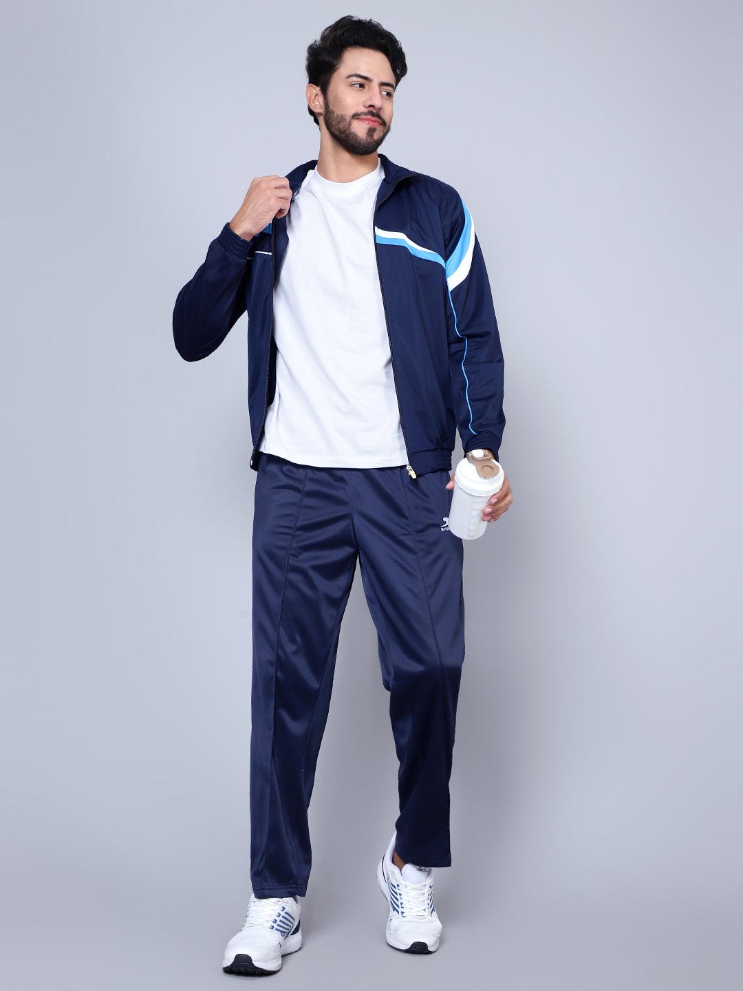 Shiv Naresh Men Navy Blue, Sky Blue and White Striped Detail Tracksuit