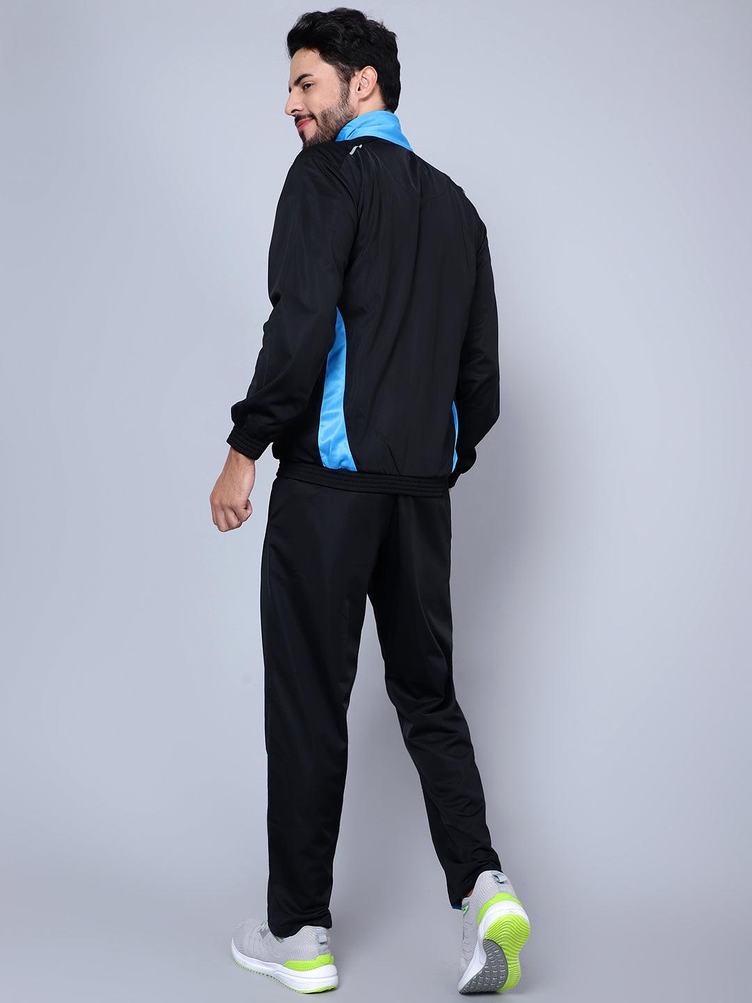 Shiv Naresh Men Color blocked Black and Sky Blue Racer suit Tracksuit