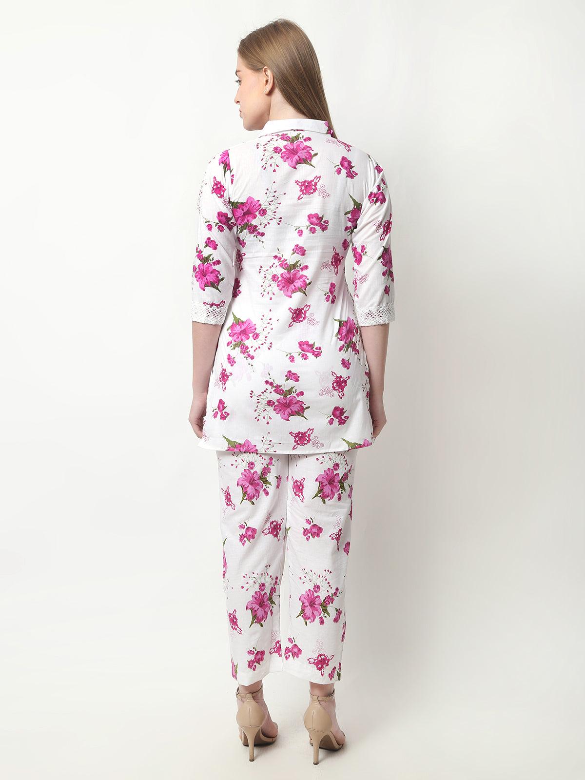 Trendzmy Women Chikan Embroidery Cotton Blend Kurti Set Ethnic Dress Cord Set Printed Pink Color