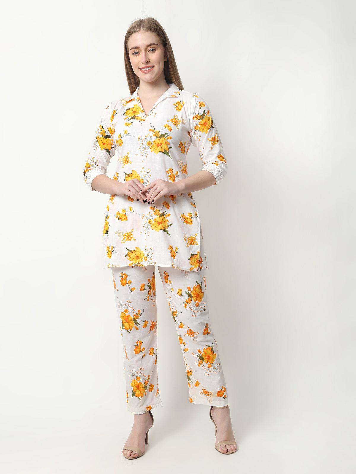 Women Floral Print Cotton Yellow Cord Set XXXL
