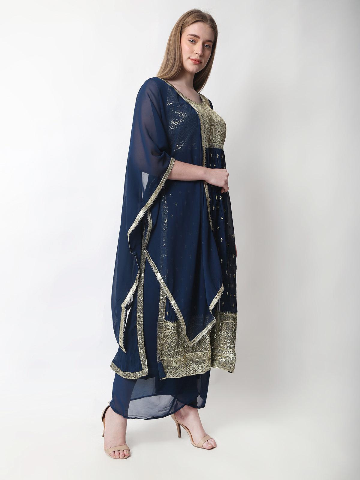 Rayon Embroidery Nyra Cut Kurti With Pants and Dupatta Set For Womens