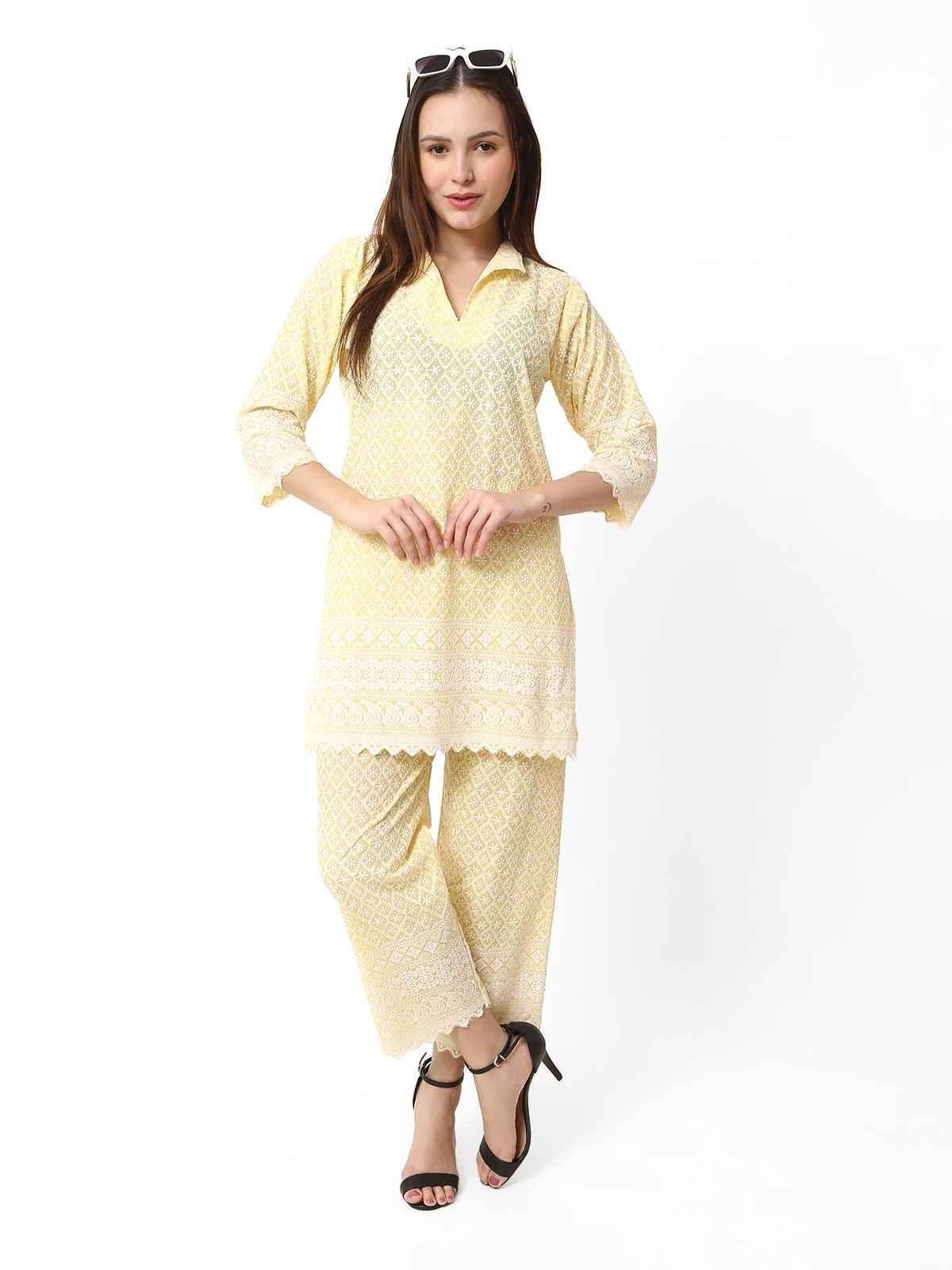 Women Chiken Embroidery Cotton Blend Yellow Cord Set XXL