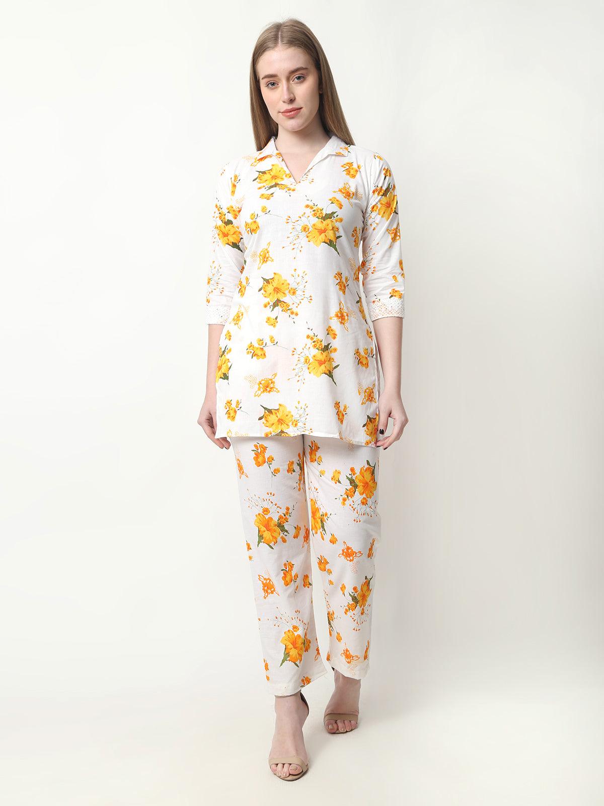 Women Floral Print Cotton Yellow Cord Set