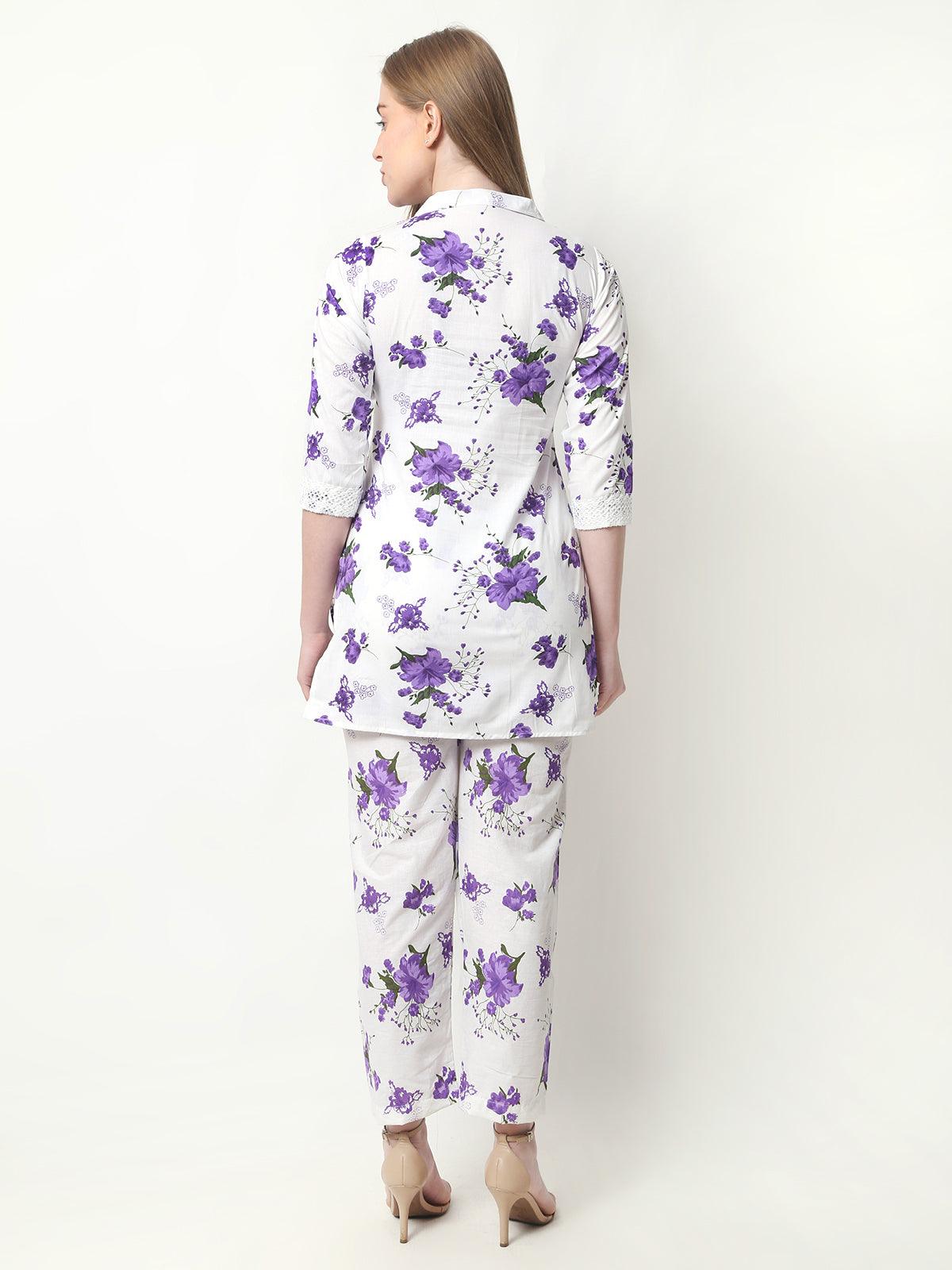 Women Floral Print Cotton Purple Cord Set