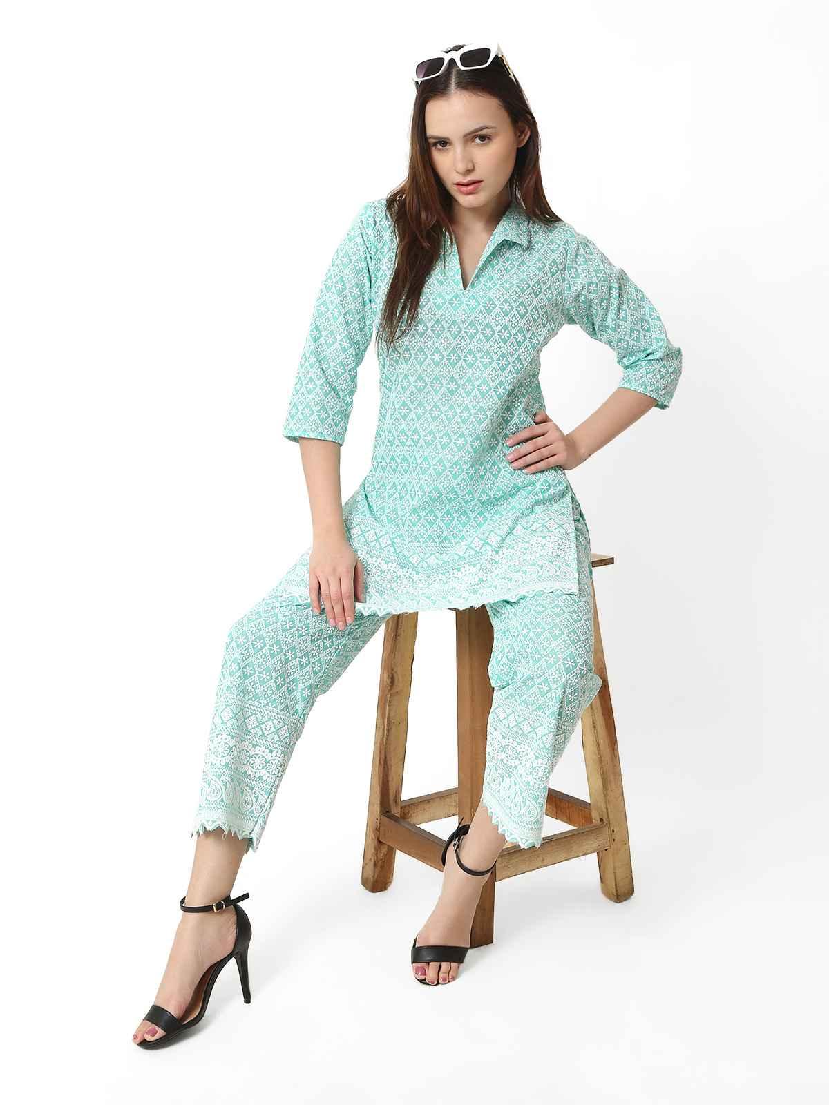 Women Chikan Embroidery Cotton Blend Kurti Set Ethnic Dress Cord Set Aqua Sea Green Color XL