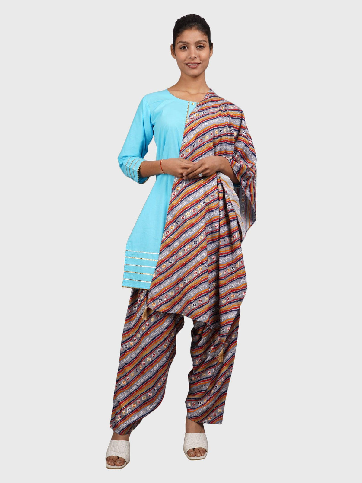 Women Plain Sky Kurta with Stripe Blue Salwar and Dupatta XXXL