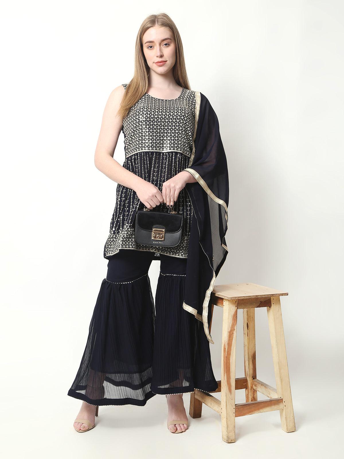 Women's Printed Kurta Sharara Set with Dupatta for Women Navy Color