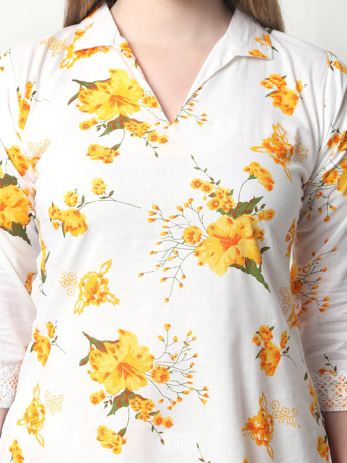 Women Floral Print Cotton Yellow Cord Set