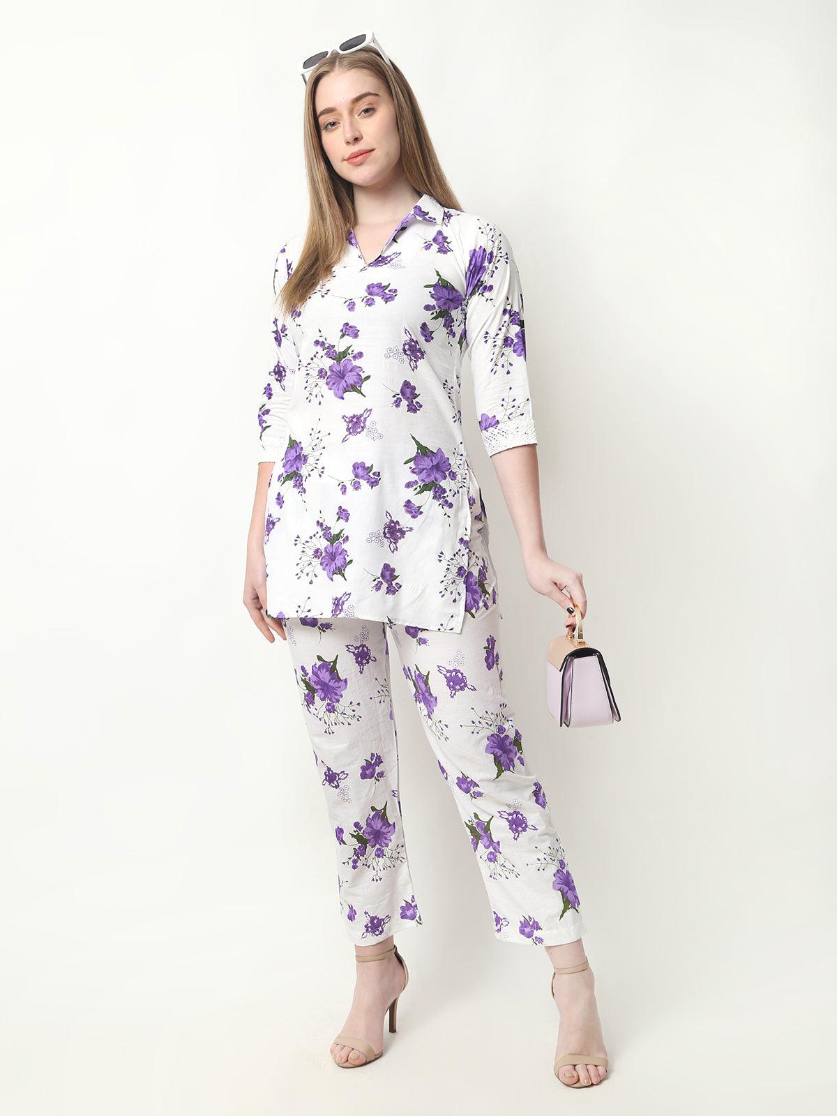 Women Floral Print Cotton Purple Cord Set
