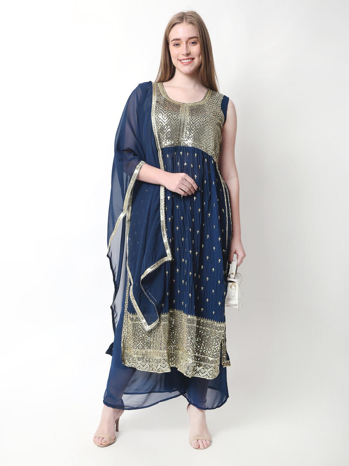 Rayon Embroidery Nyra Cut Kurti With Pants and Dupatta Set For Womens