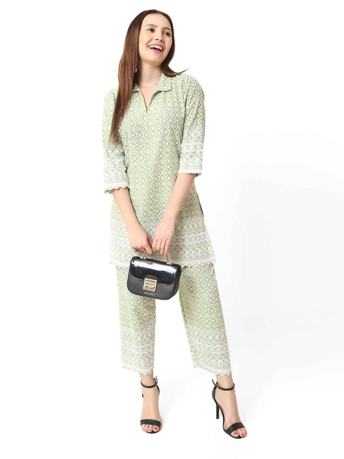 Trendzmy Women Chikan Embroidery Cotton Blend Kurti Set Ethnic Dress Cord Set Green Color